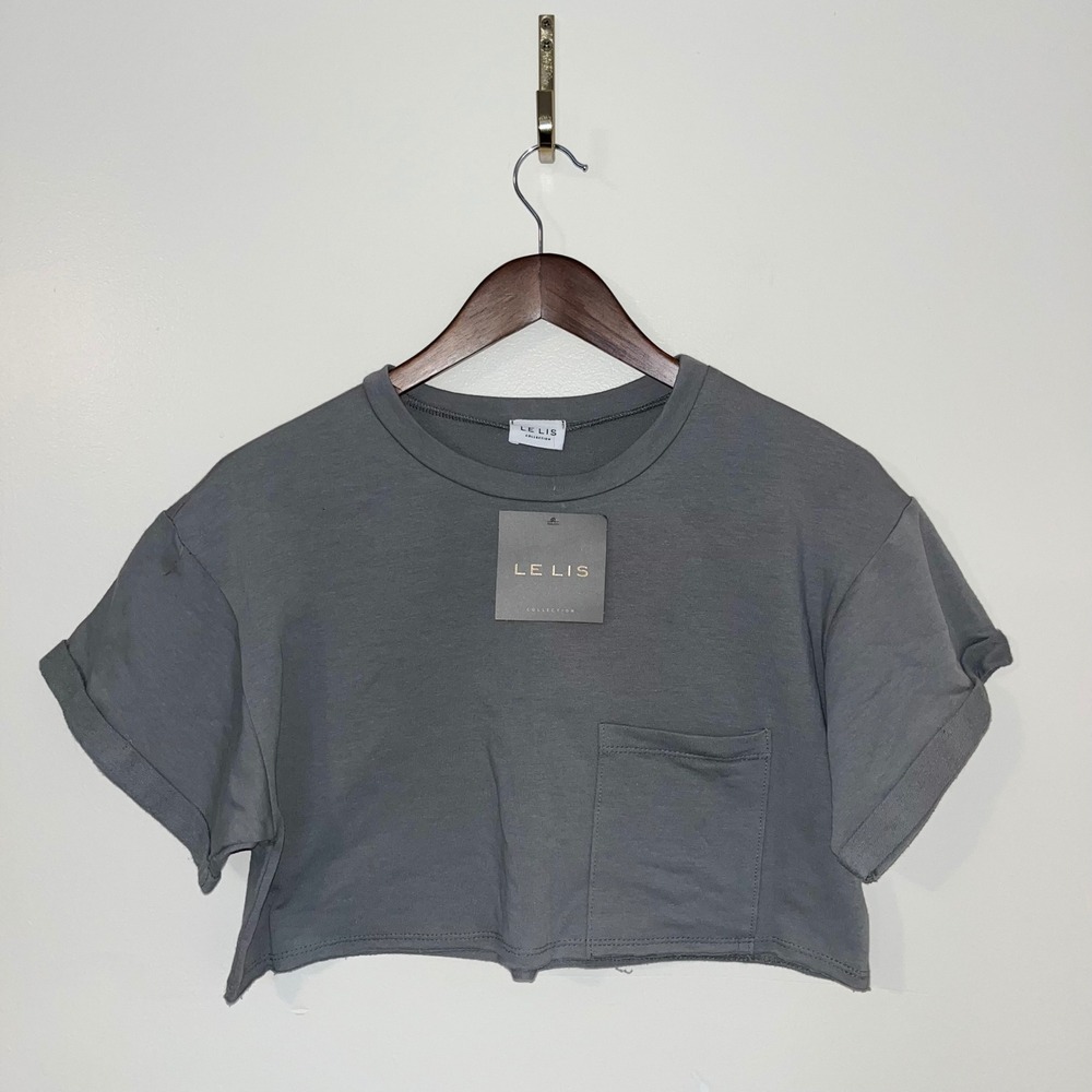 LE LIS COLLECTION Grey Cotton Spandex‎ Cropped Pocket T Shirt M